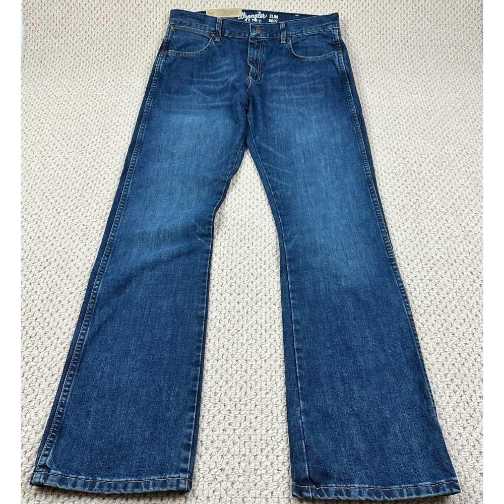 Wrangler Retro Jeans Mens 34x36 Dark Blue Slim Fit Bootcut Western Whiskered NEW